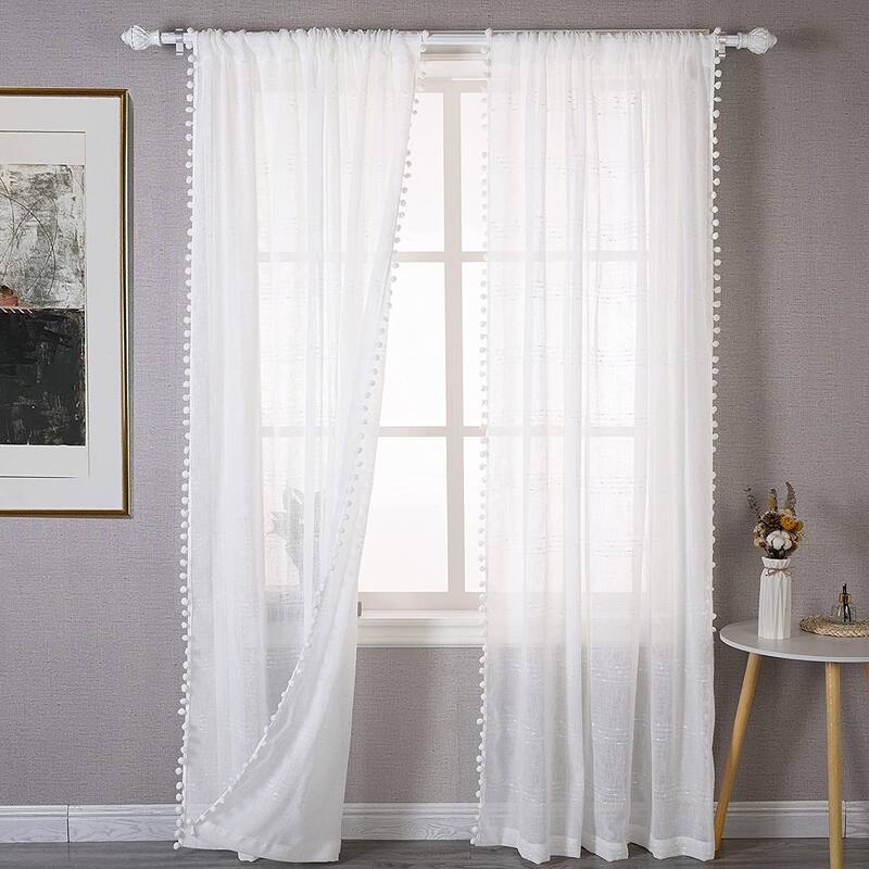 DriftAway Laura Pom Pom Sheer Window Curtain Panel Pair