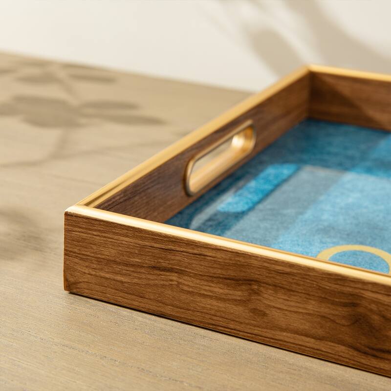 Glitzhome Set of 2 Rectangle Wooden & Plastic Decorative Trays with Handles