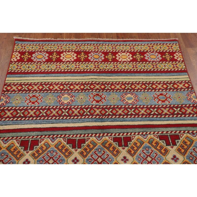 Striped Multi-Color Kazak Oriental Area Rug Handmade Wool Carpet - 4'0" x 5'11"