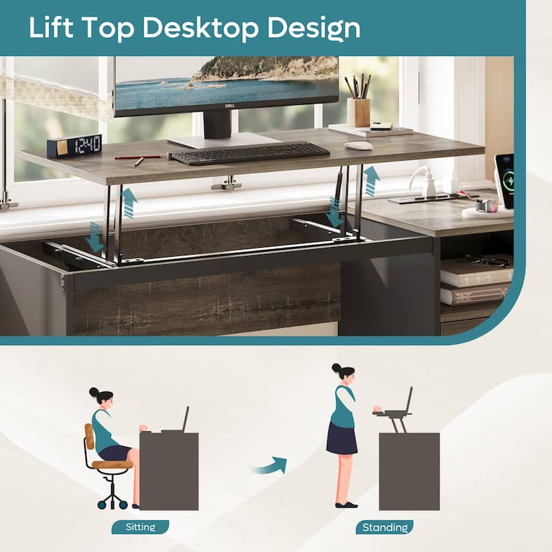 Computer Desk Lift Top Desk with Outlet and Drawers File Cabinet