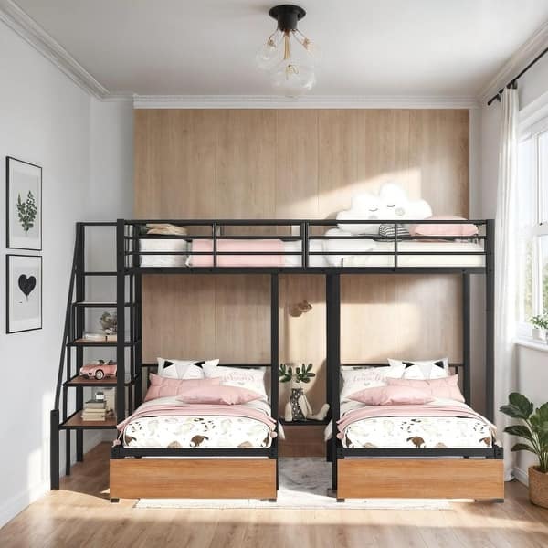 slide 2 of 12, Full over Twin-Twin Triple Bunk Bed with Drawers and Staircase, Black Black
