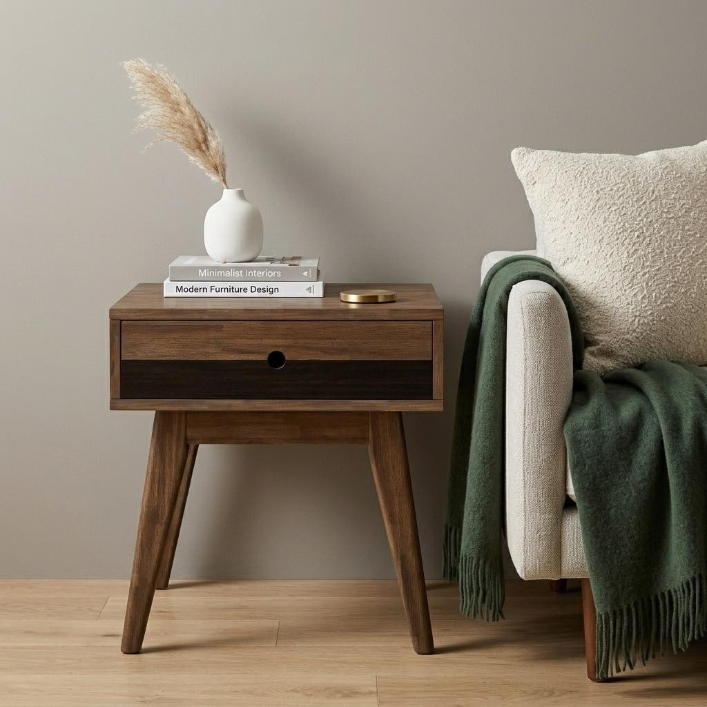 HomeRoots 22" Varnished Brown Solid Wood End Table With Drawer - 22.00 in. x 22.00 in. x 20.00 in.