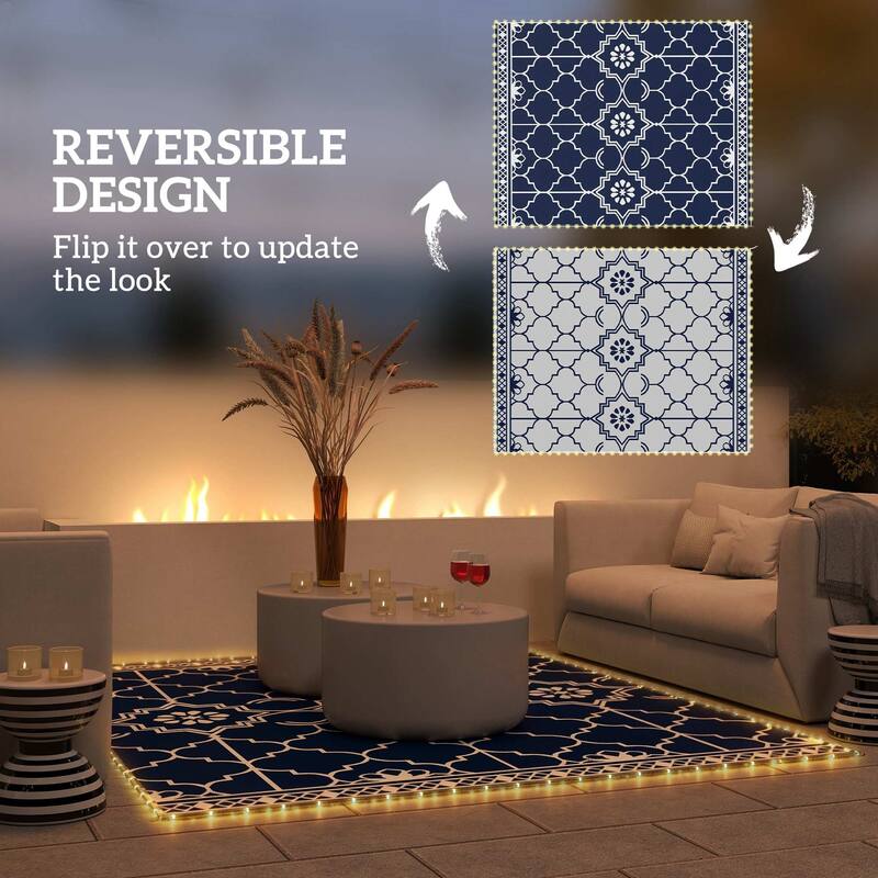 Outsunny Reversible Outdoor Rug Carpet with LED Lights, 10' x 8' PP Straw Rug, Portable RV Camping Mat - 10' X 8'