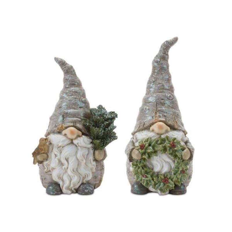 Set of 2 Woodsy Gnomes with Bird and Wreath Christmas Figurines 9.75"