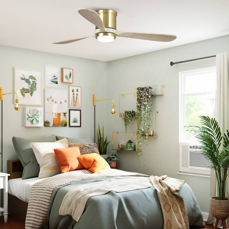 52" Wood 3-Blade Low Profile/ Flush Mount Ceiling Fan with Light and Remote