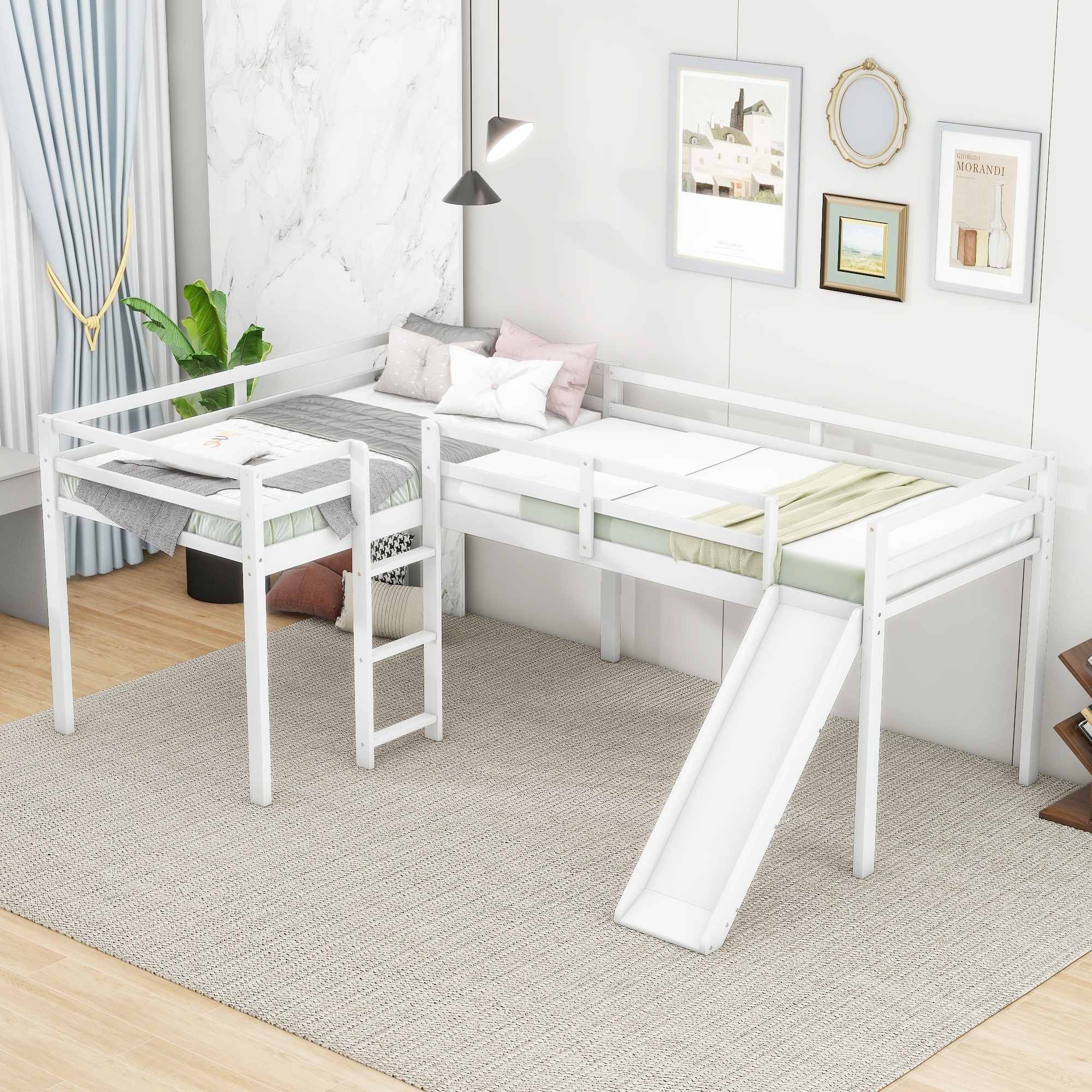 L-Shaped Twin Size Loft Kids Bed Frame with Ladder, Slide, and Solid Pine Wood Construction, Easy Assembly, White