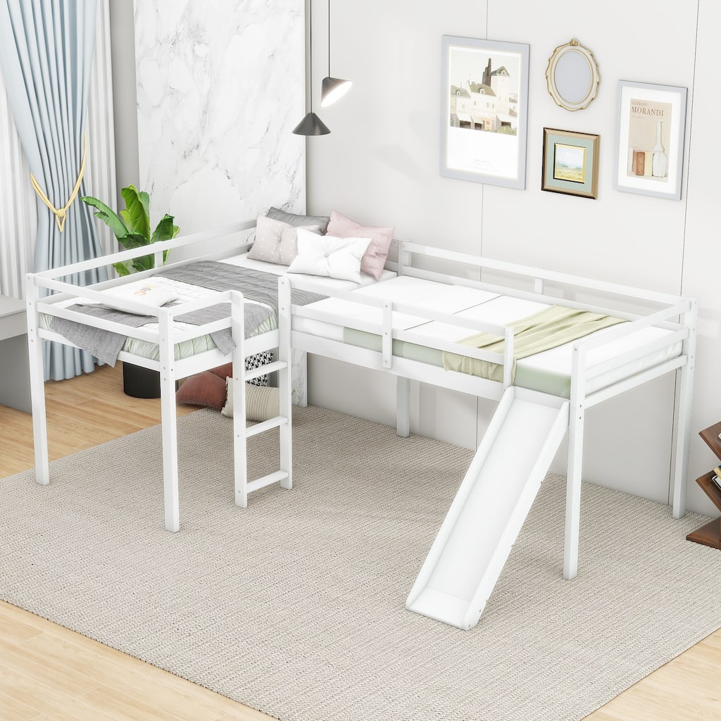 Twin Size L-Shaped Loft Bed with Slide and Ladder, Space-Saving Design, Pine Wood and MDF Frame - Perfect for Kids' Playrooms