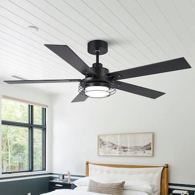 52-in Industrial Metal Caged Ceiling Fan with Light and Remote, Reversible 5-Blade
