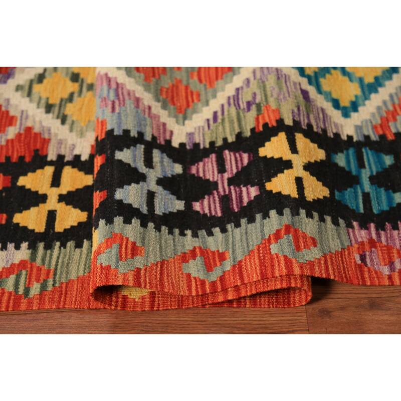 All-Over Trellis Geometric Kilim Area Rug Hand-Woven Wool Carpet - 8'4" x 9'8"