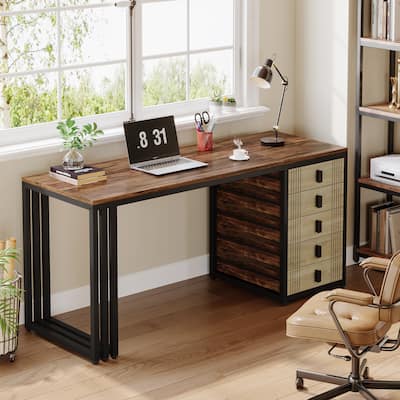 55 Inch Computer Desk Reversible Writing Table with 5-drawer for Home Study