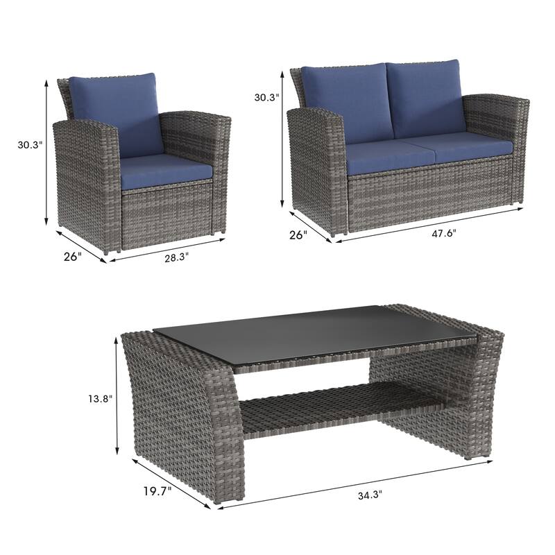 4 Piece Patio Wicker Furniture Set, Outdoor Rattan Sectional Sofa Set with Tempered Glass Coffee Table and Cushions