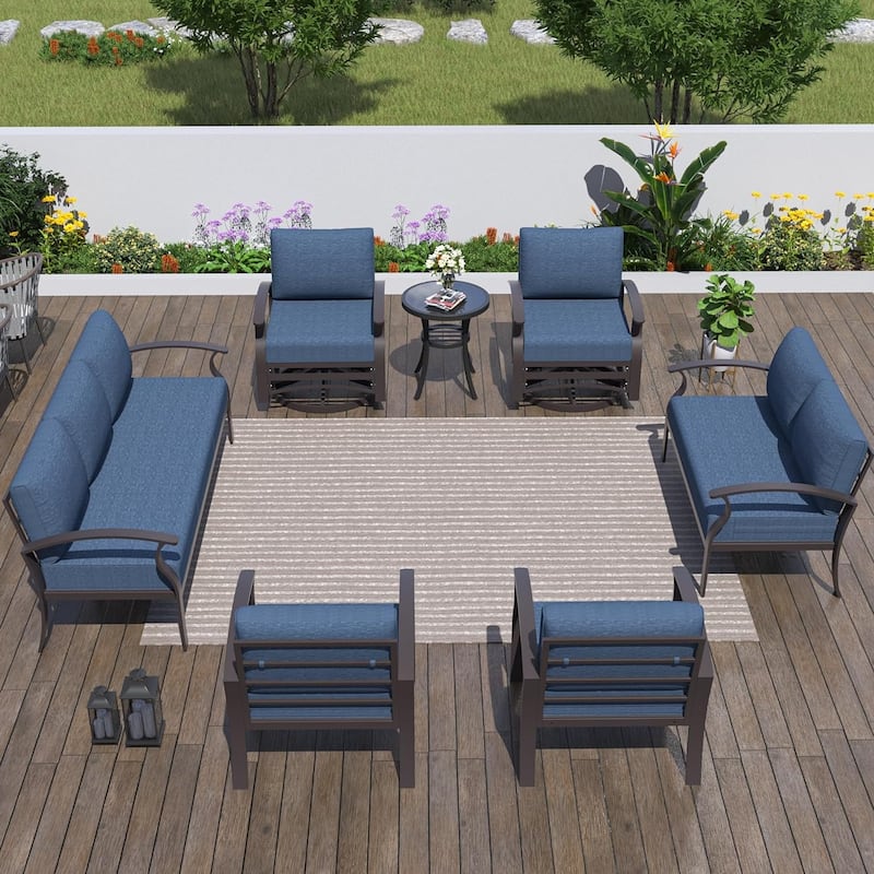 Kullavik Aluminum Outdoor Patio Furniture with Curved Armrests & Firepit Table - 9 seats - Navy Blue