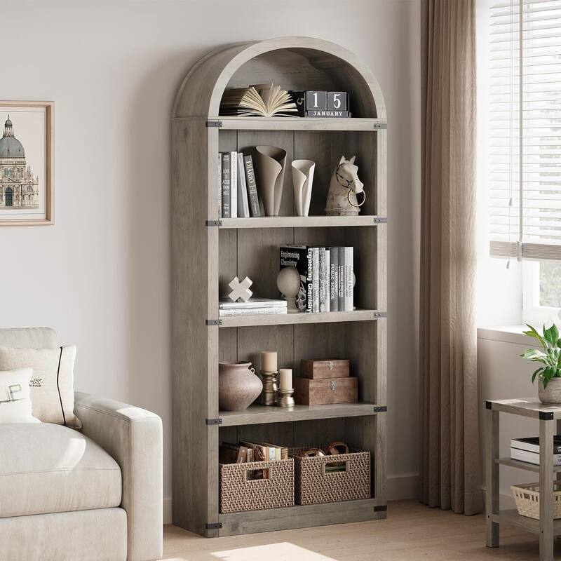 71.65" Tall Farmhouse 5-Tier Arched Bookcase, Display Storage Shelf - N/A