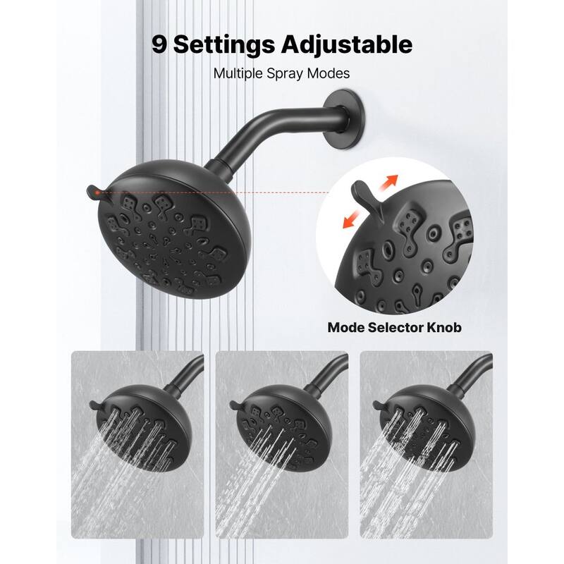 Matte Black ABS Stainless Steel Tub and Shower Faucet Set with 9-Mode High-Pressure Shower - 4.72 x 3.66 in