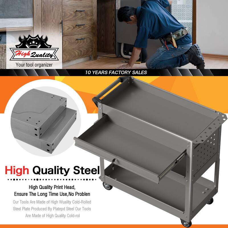 3-Tier Rolling Tool Cart on Wheels for Mechanics with Utility Drawer