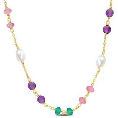 Miadora 4 5/8ct TGW Amethyst Green Onyx Pink Tourmaline Cultured Freshwater Pearl Necklace in Yellow Silver-17+2in