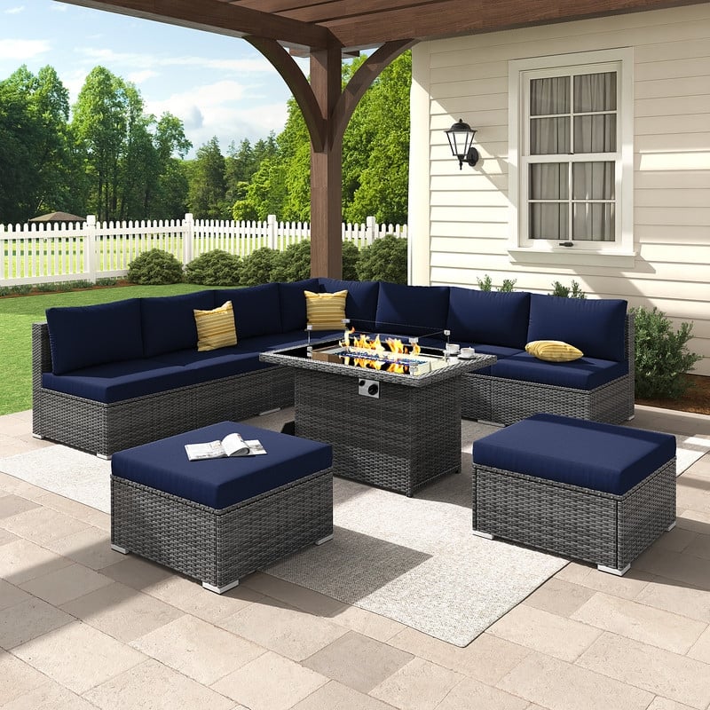 FINCATI 10-Piece Outdoor Wicker Sectional Furniture Set with Fire Pit Table for Backyard Patio - 10 PCS