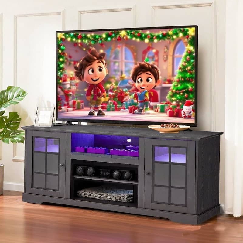 EROMMY TV Stand for 65 Inch TV, Entertainment Center with LED Lights, Storage & Power Outlets, Media Console for Living Room