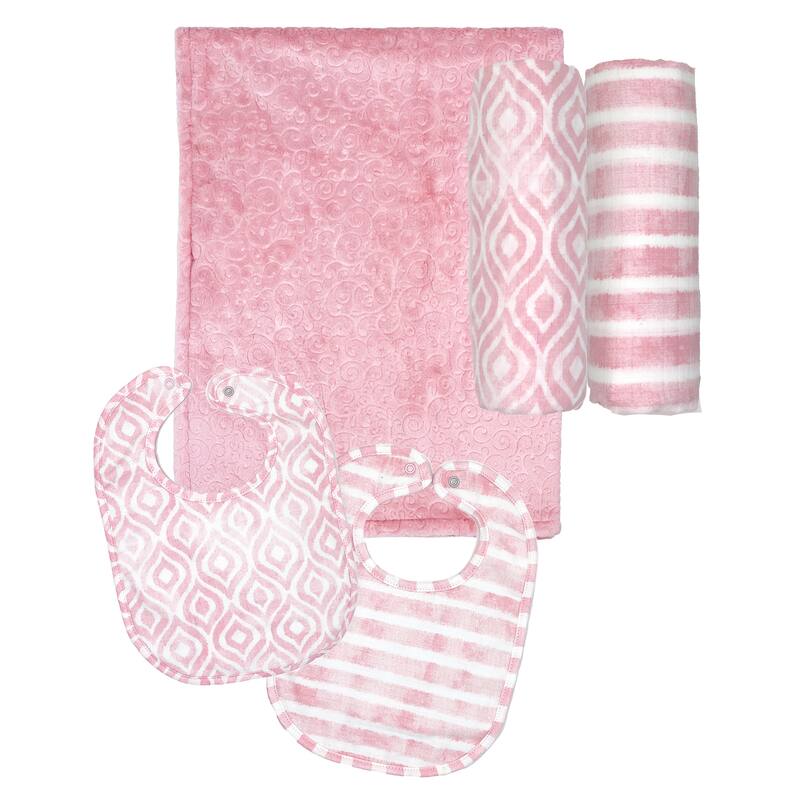 Baby Boys and Baby Girls 5 Piece Blanket Gift Set - Pink/White