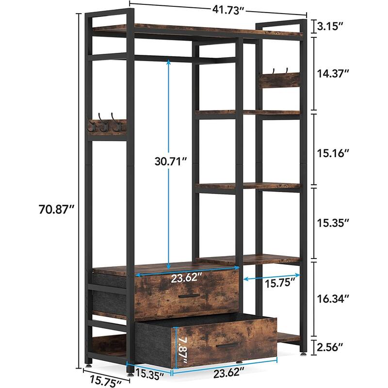 Freestanding Closet Organizer with 2 Drawers, Clothes Shelf Garment Rack with Shelves and Hanging Rod, Clothing Storage-Brown