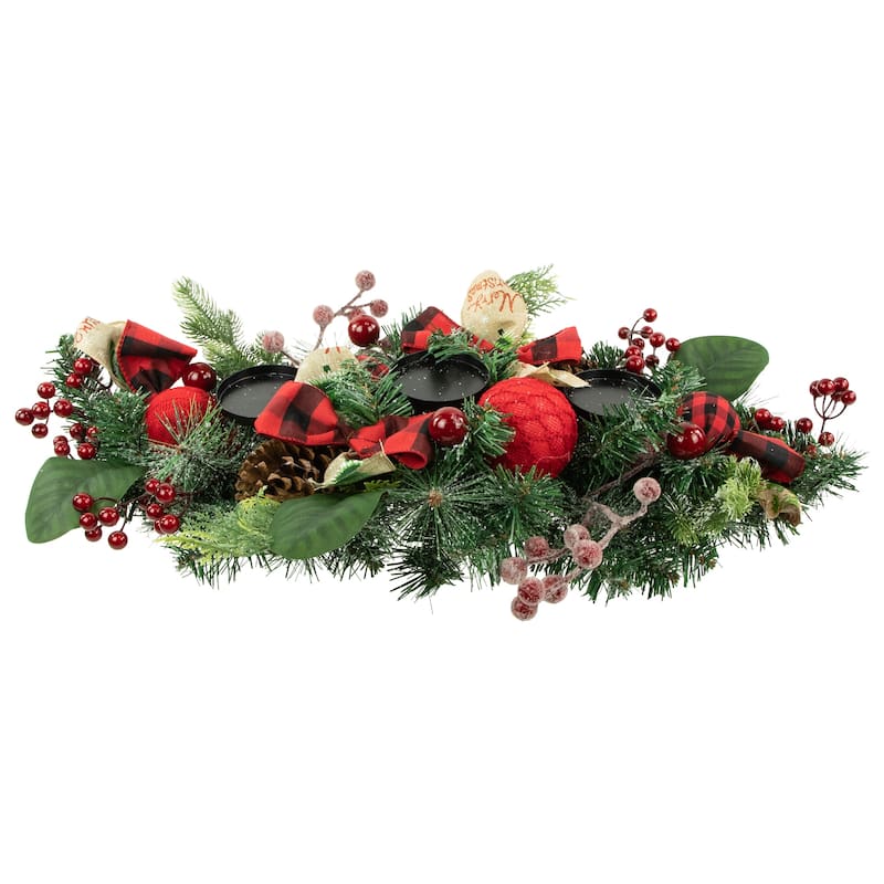 30" Green Pine Triple Candle Holder with Bows and Plaid Christmas Ornaments