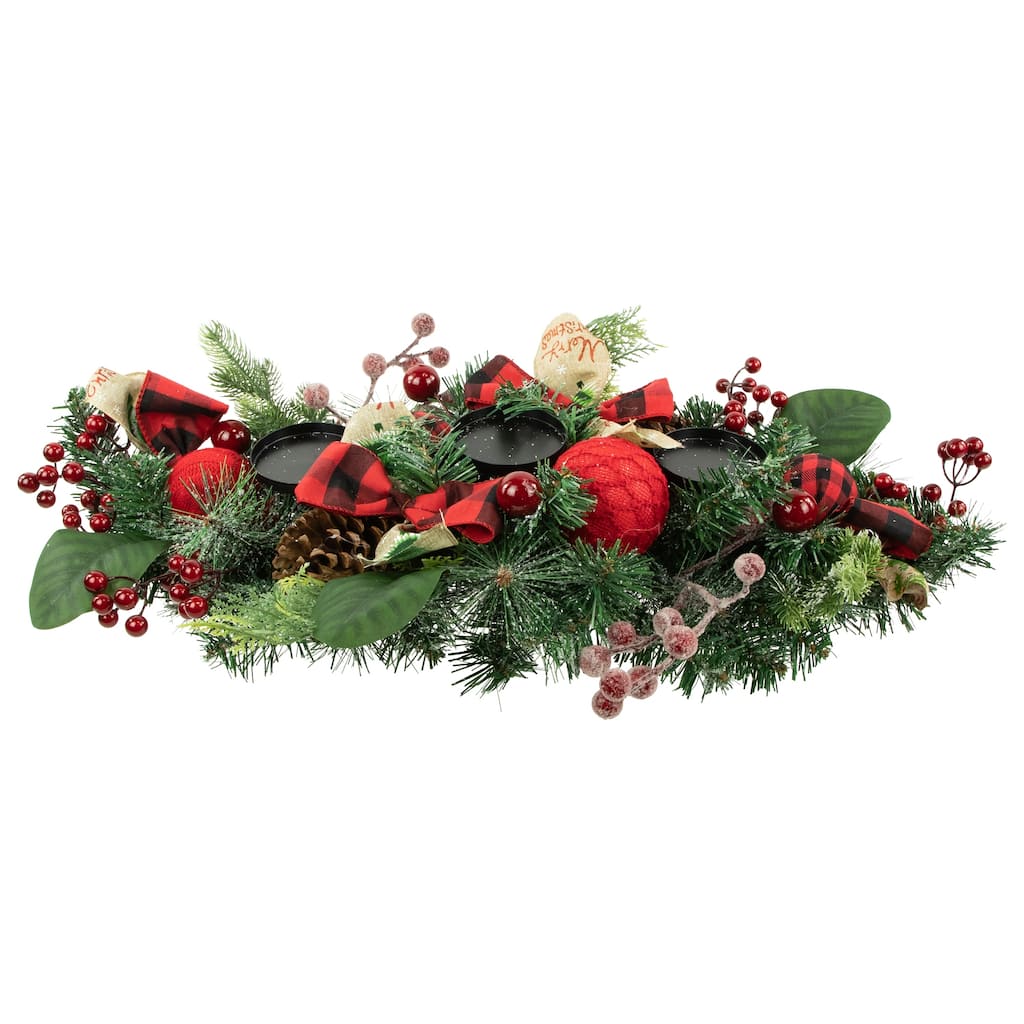 30" Green Pine Triple Candle Holder with Bows and Plaid Christmas Ornaments