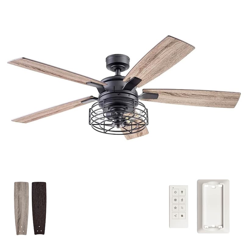 52" Prominence Home Cypher Matte Black Indoor Industrial LED Ceiling Fan with Light, Remote Control - 52