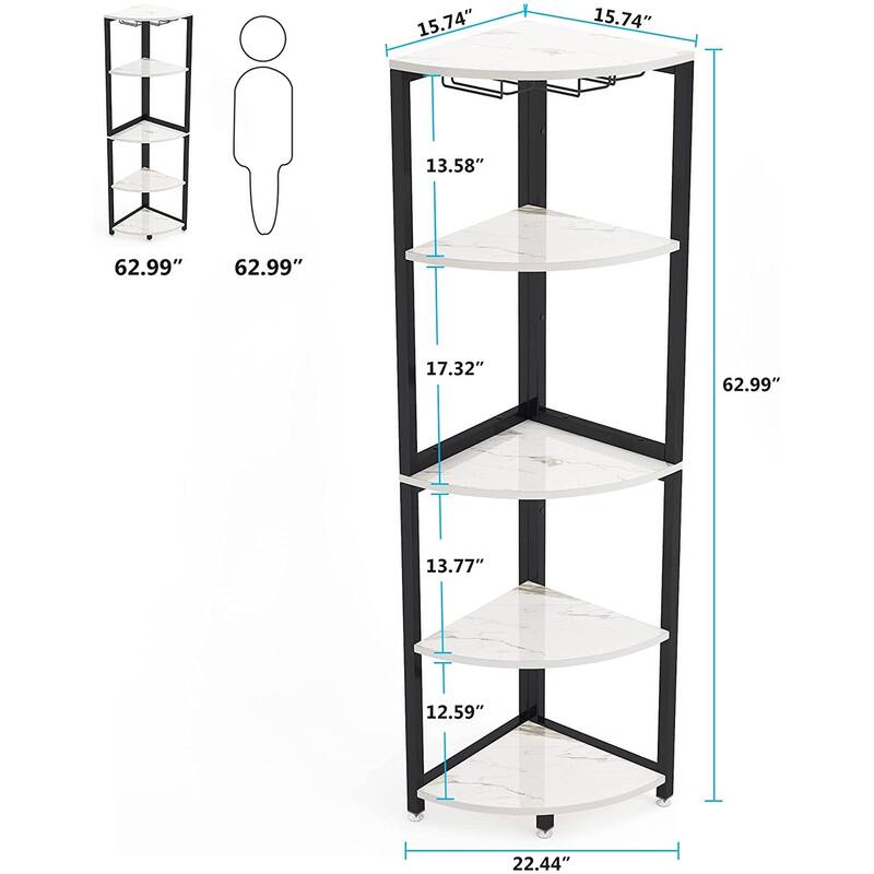 5-Tier Corner Shelf, Corner Bookshelf Small Bookcase with Wine Glass Holder Corner Stand Display Rack for Living Room