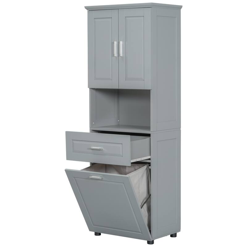 GDFStudio - Harper Elms Tall Bathroom Storage Cabinet with Tilt-Out Laundry Hamper and Upper Organizer