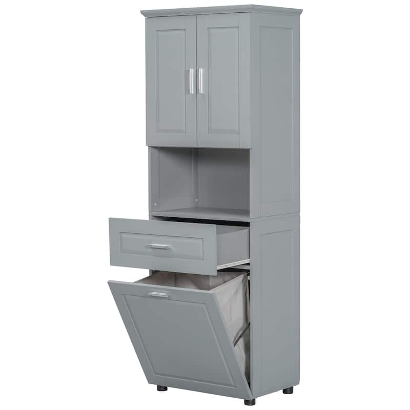 Roomfitters Tall Bathroom Cabinet with Tilt-Out Laundry Basket and Upper Storage Compartment Large Organizer