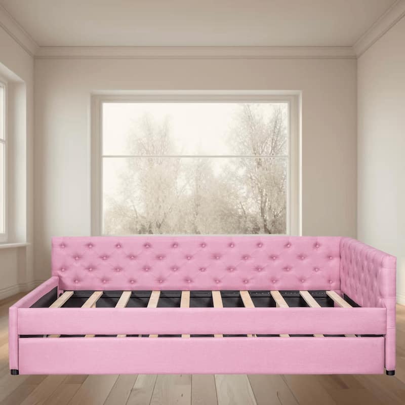 Full XL Size Upholstered Platform Bed Frame with Trundle, Elegant Tufted Button Design and Extra Sleeping Space for Bedroom - Pink - Full