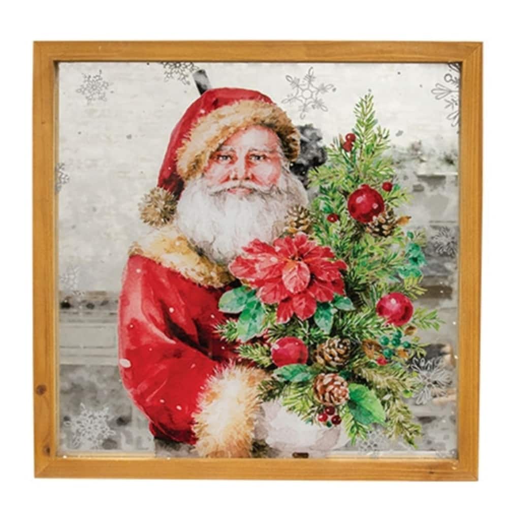 Santa with Christmas Tree Mirror Framed Print Vintage Christmas Wall Art Red Santa - 16” high by 16” wide by 1” deep