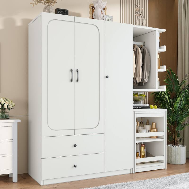Bedroom Armoire, Wooden Wardrobe Cabinet and Foldable Desk Into One Multifunctional Unit