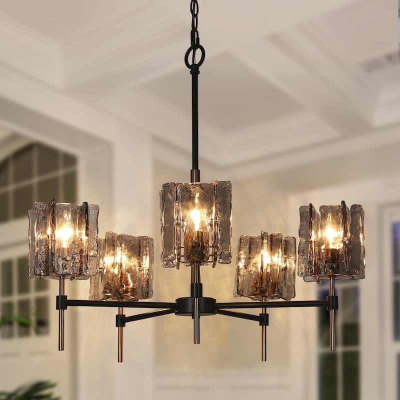 Kasy Modern 5-Light Wheel Chandelier Textured Glass Lights for Dining Room - D 26" x H 86" Max