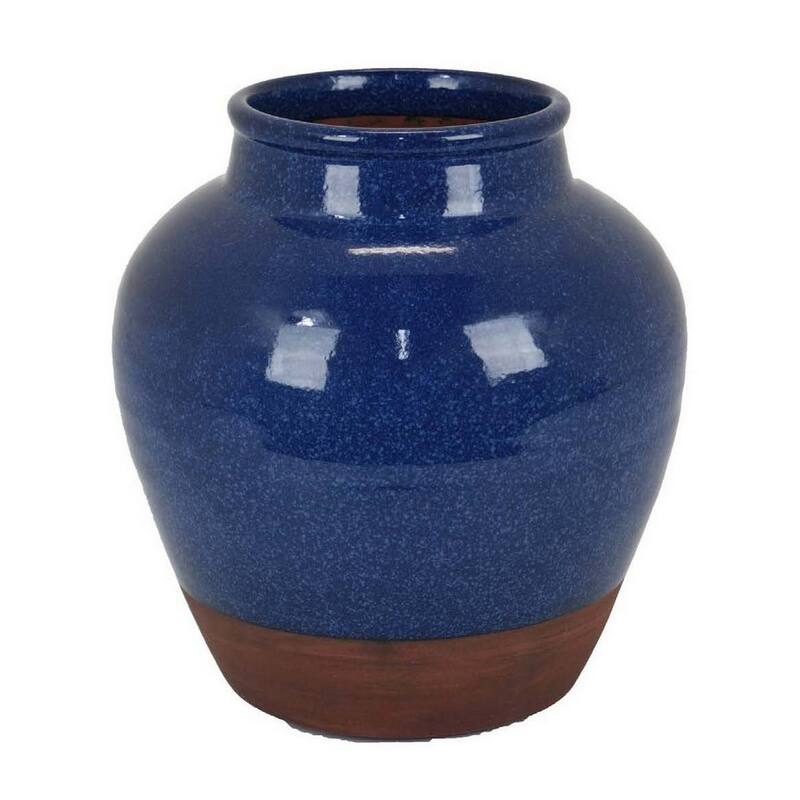 Venny 12 Inch Ceramic Flower Vase, Two Tone Antique Blue and Brown Finish