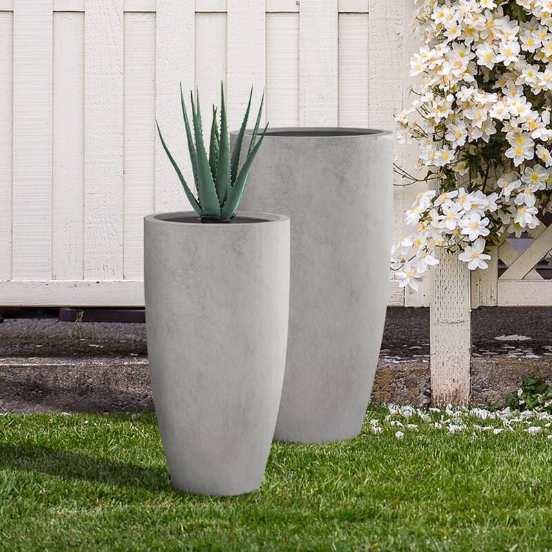 Kante 31.4" and 23.6"H Weathered Finish Concrete Tall Planters (Set of 2), Large Outdoor Indoor