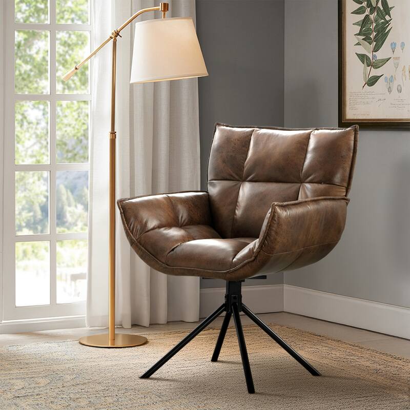 Faux Leather Upholstered Swivel Armchair Accent Home Office Chair - Dark Brown