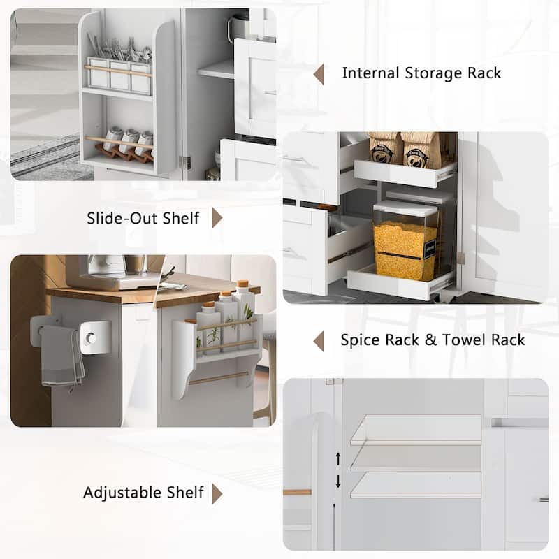 Kitchen Island, Rolling Storage Cabinet With 3 Drawers, Spice Rack