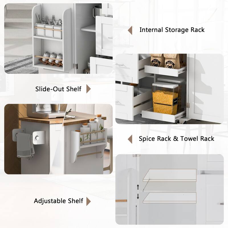 Rolling Kitchen Island with Rubber Wood Top and Spice Rack