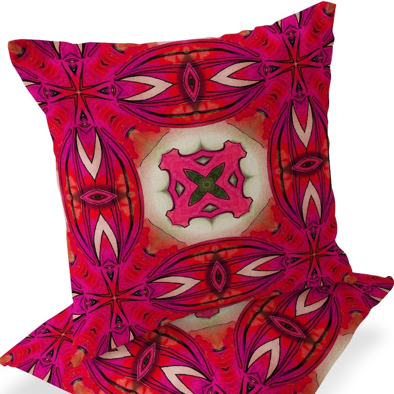 HomeRoots Set of Two 16" X 16" Red and Pink Blown Seam Floral Indoor Outdoor Throw Pillow - 16.00' X '16.00' X '5.00