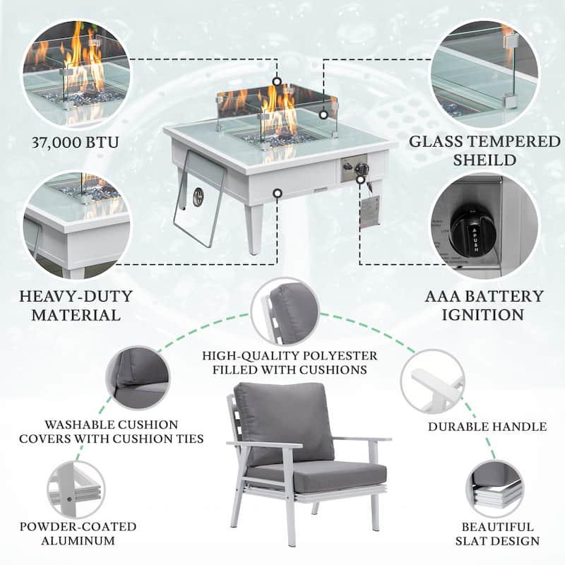 Walbrooke Modern 4-Piece Aluminum Patio Polyester Seating Furniture Set with 37,000 BTU Propane Fire Pit Table and Tank Holder