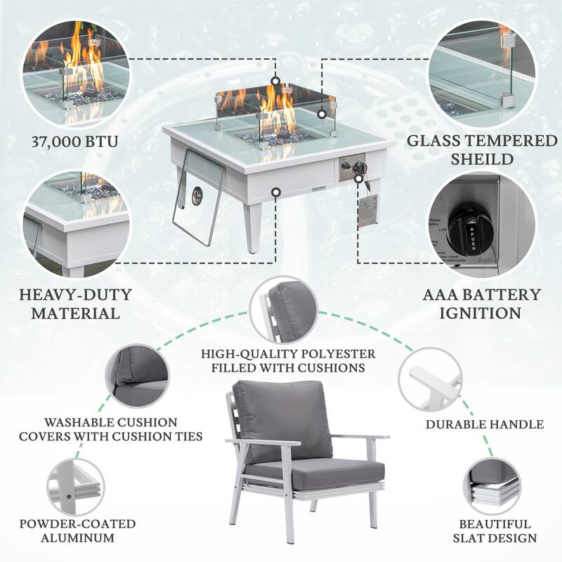 Walbrooke Modern 5-Piece Aluminum Patio Polyester Seating Furniture Set with 37,000 BTU Propane Fire Pit Table and Tank Holder