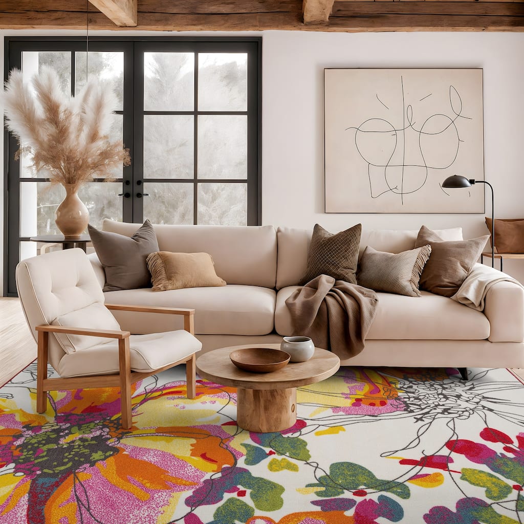 World Rug Gallery Modern Bright Flowers Non-Slip Area Rug Multi