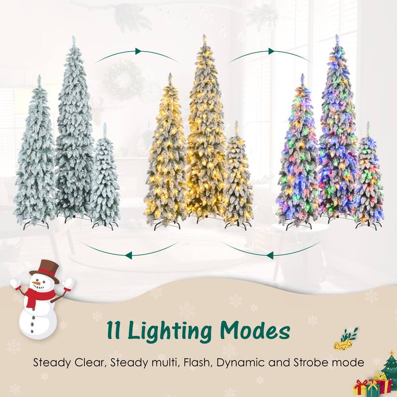 3-Piece Pre-Lit Pencil Christmas Tree Set 8FT 6FT 4FT, Snow Flocked Slim Trees with 520 LED Lights and 11 Modes, 1455 Tips