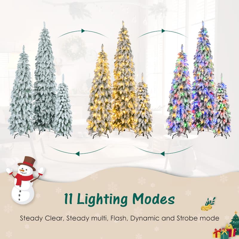 8FT, 6FT, 4FT Pre-Lit Pencil Christmas Trees, 3-set Slim Artificial Christmas Tree With Snow Flocking, 11 Lighting Modes