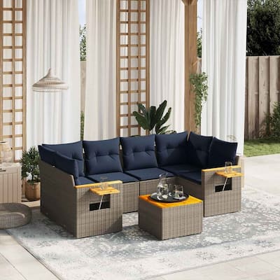 vidaXL 7 Piece Patio Sofa Set with Cushions Grey Poly Rattan (US only) - 92.1x33.5x48.8