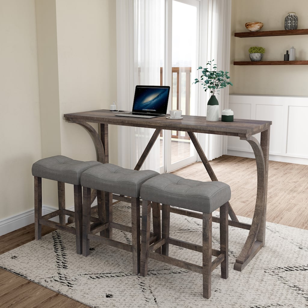 Bar Table & Chairs Set with Power Outlet, Breakfast Nook Coffee Table Side Table Padded Seat with Wood Legs