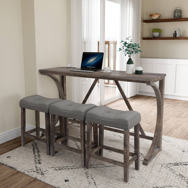 Bar Table & Chairs Set with Power Outlet, Breakfast Nook Coffee Table Side Table Padded Seat with Wood Legs - Brown Yellow