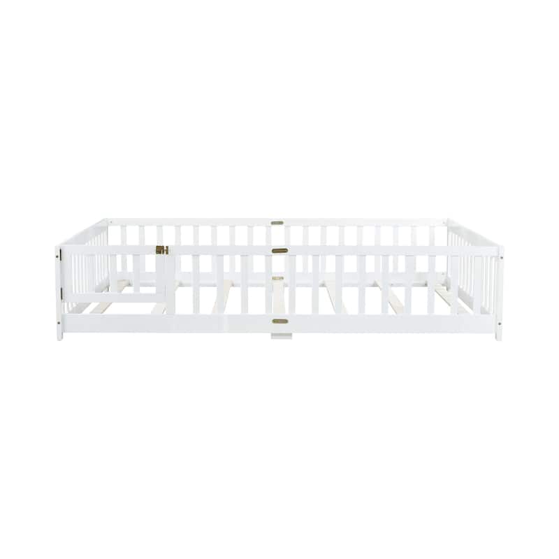 Queen Size Floor Bed with Fence,Door,Rubber Wood Floor Bed with Safety Guardrails