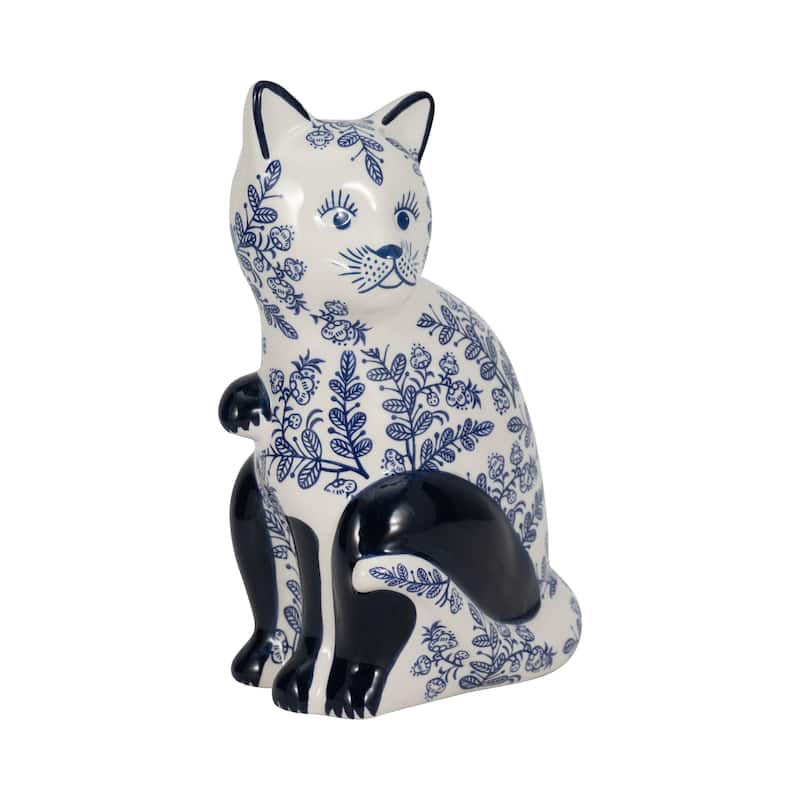 Ceramic Cat Sculpture Contemporary Vintage Style Chinoiserie Blue and White Floral Cat Statue Cat Lover